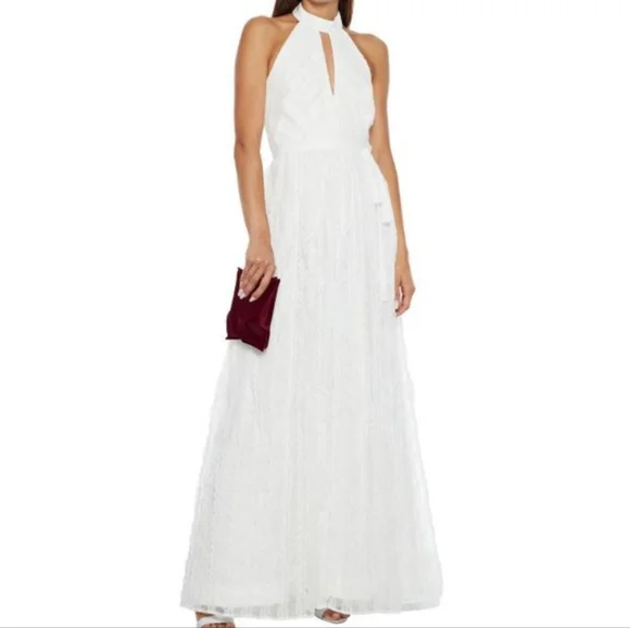 ML Monique Lhuillier White Belted Lace D'esprit Gown
